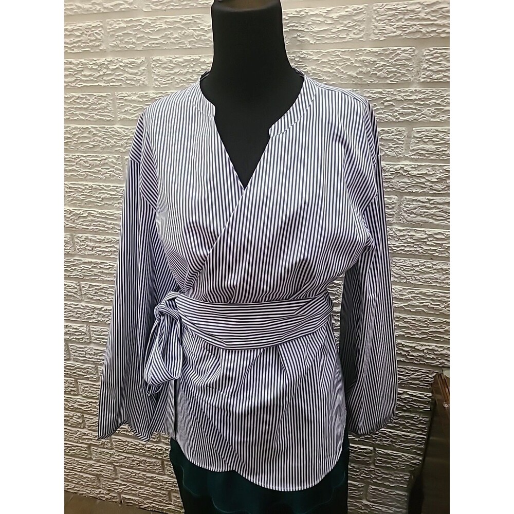 J Crew Haberdashery Shirt Women's Txl Blue/White Stripe Long Sleeve Cross Belted